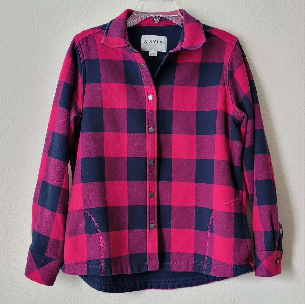 Orvis Flannel Fleece Teton Shirt Jacket Shacket Pink Navy